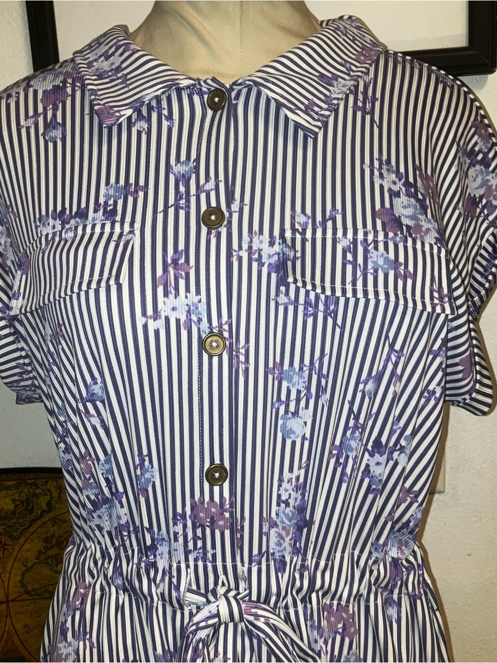 Striped Tie-Waist Shirt Dress with Purple Floral Accents - Picture 4 of 4